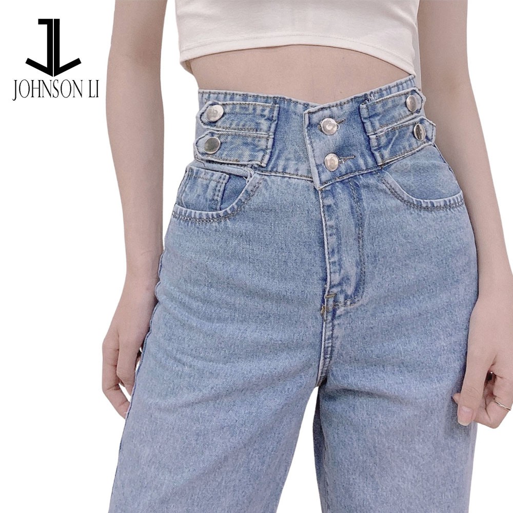 Quần baggy jean nữ lưng cao, cắt rách màu xanh jean LB597 JL JohnsonLi