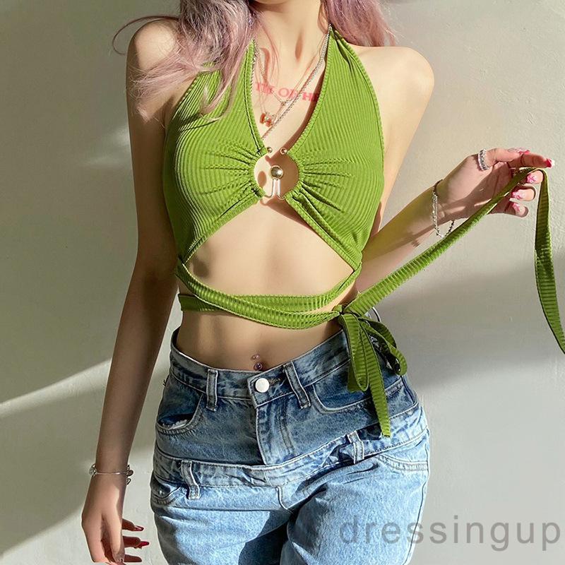 DRE-Women’s Fashion Solid Color Tank Top,Hollow Bandage Exposed Navel Halter Camisole