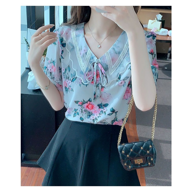 Áo Sơ Mi Chiffon Tay Ngắn Cổ Búp Bê In Họa Tiết Hoa Thời Trang Mùa Hè Kiểu Mới Cho