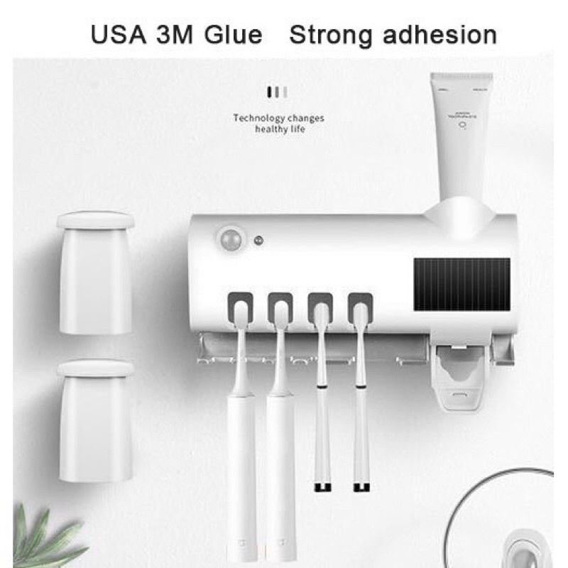 Giá treo bàn chải kết hợp bộ nhả kem tiện dụng, đèn cảm ứng, tia UV khử khuẩn tự động