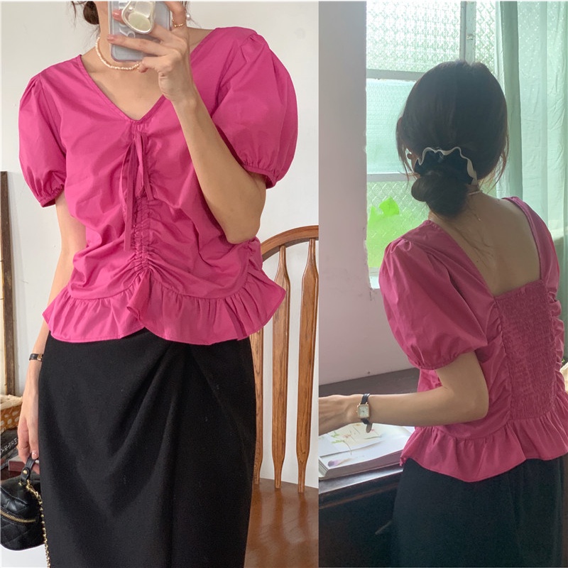 SUXI Áo Sơ Mi Tay Ngắn Cổ Chữ V Màu Sắc Đơn Giản Phối Dây Rút Thời Trang Hàn Quốc Cho Nữ