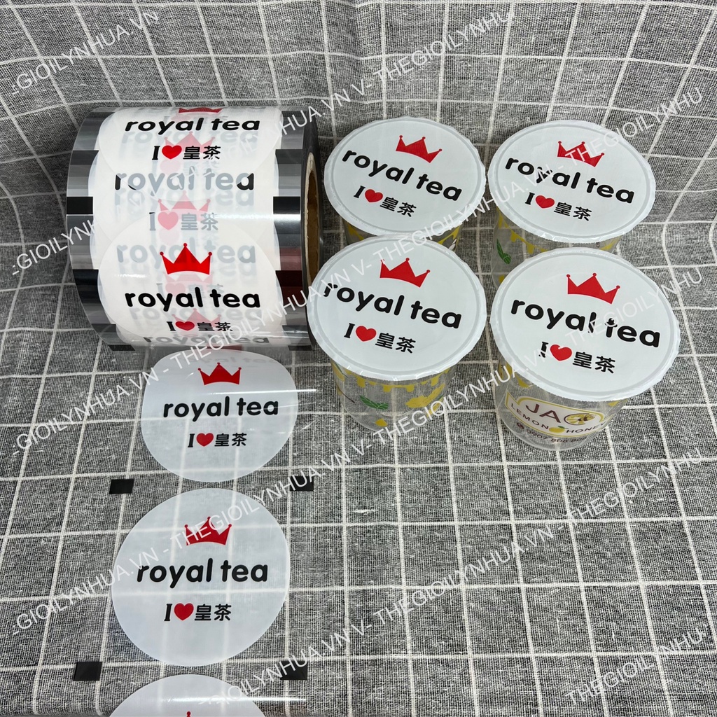 Cuộn màng ép ly nhựa, keo dán nắp ly trà sữa in sẵn 2400 ly mẫu Royal Tea