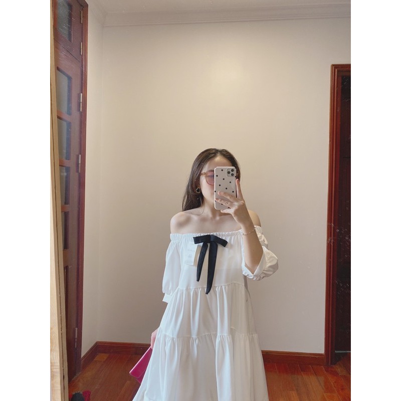 Đầm Babydoll Nữ Cổ Vuông Nơ Đen Cài Trễ Vai