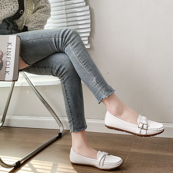 Giày mọi nữ da mềm đế cao su cao 1.5cm màu nâu trắng đen