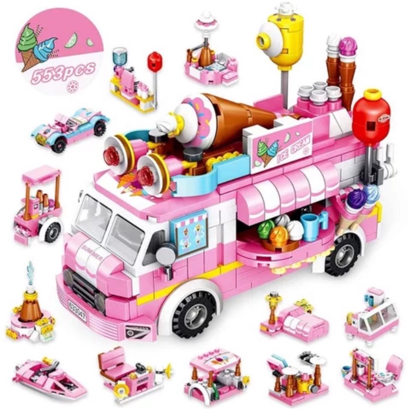 Bộ đồ chơi Lego lắp ráp xếp hình mô hình xe bán kem 12 in 1  màu hồng dễ thương - Đồ chơi cho bé gái