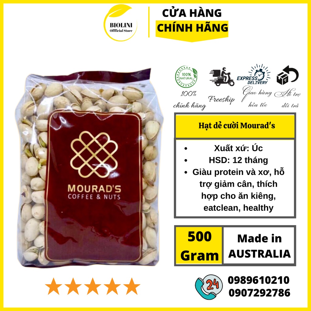 Hạt dẻ cười rang muối không tẩy trắng Mourad’s nhập khẩu Úc(thơm, giòn, béo, ruột xanh, date xa) túi 500g