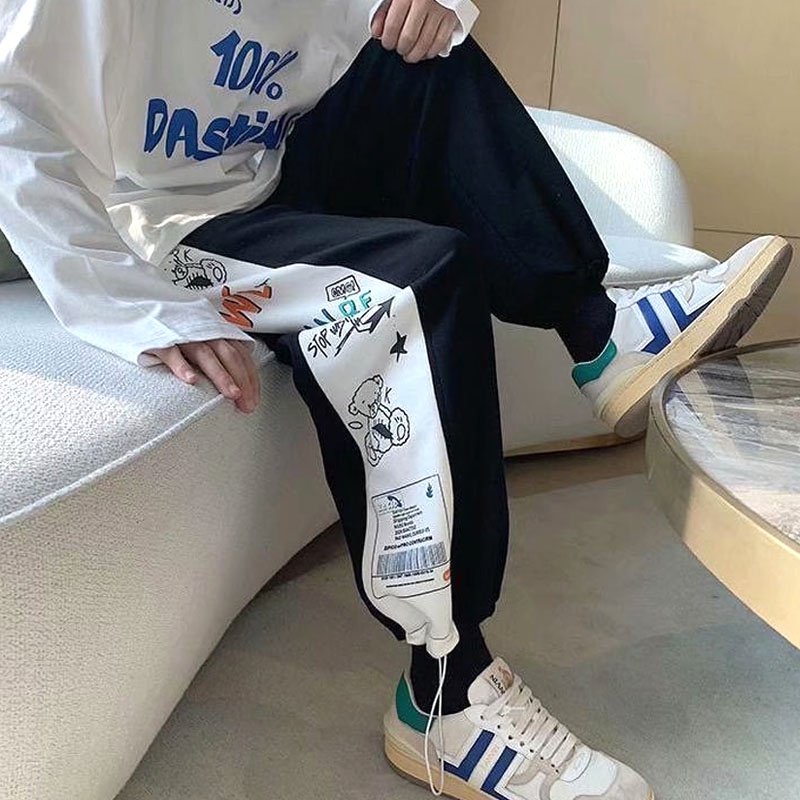 Quần jogger ống rộng sọc hoạt hình unisex dây rút bo chun Basic overszie nam nữ ulzzang