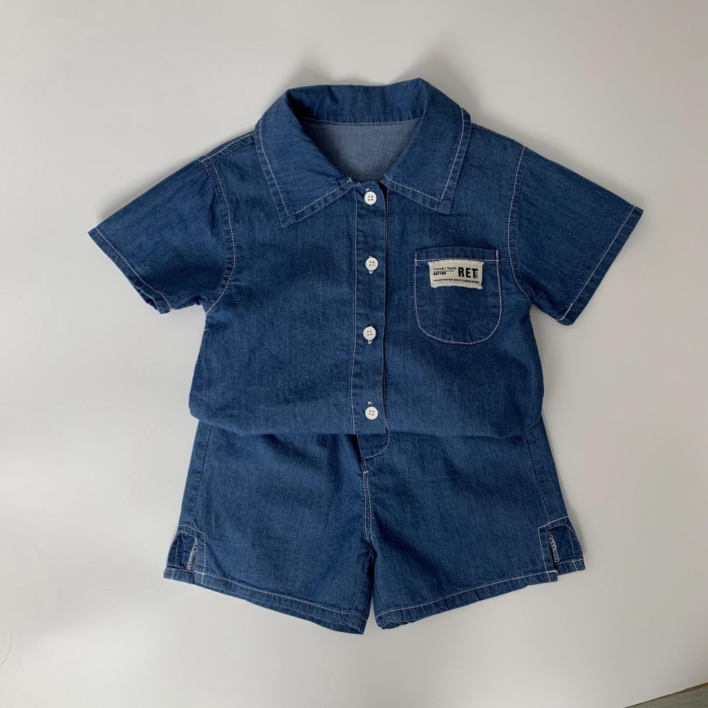 Bộ Áo Sơ Mi Cotton + Quần Short Denim Mềm Mỏng Phong Cách Hàn Quốc Nhật Bản Thời Trang Mùa Hè Cho Bé Trai
