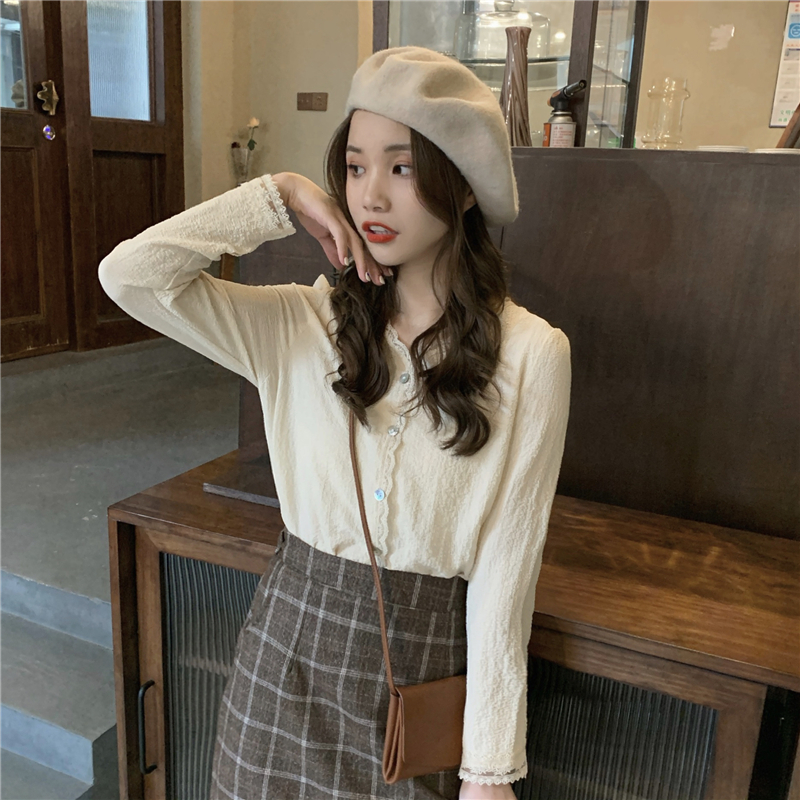 Áo Sơ Mi Dài Tay Cổ Chữ V Màu Đơn Sắc Xinh Xắn Dành Cho Nữ 39536
