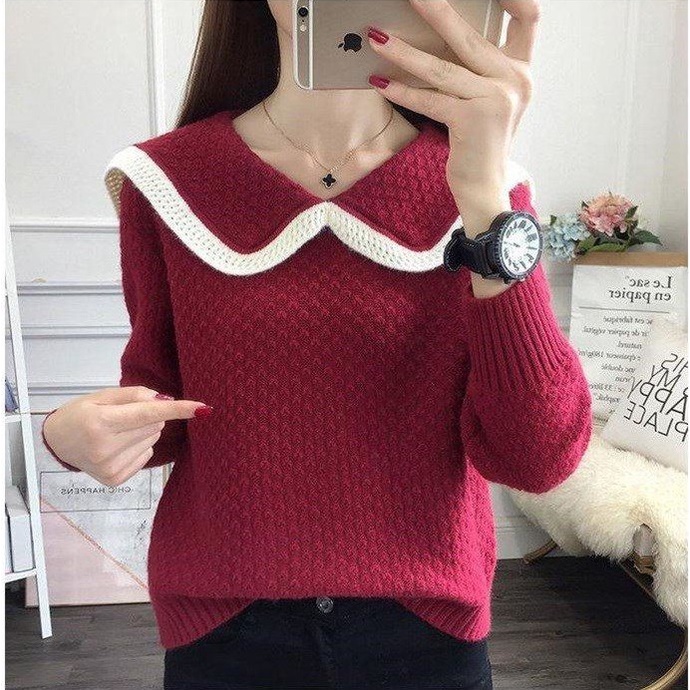 【ZHELIHANGFEI】Áo Len Tay Dài Form Rộng Cổ Búp Bê Dễ Phối Đồ