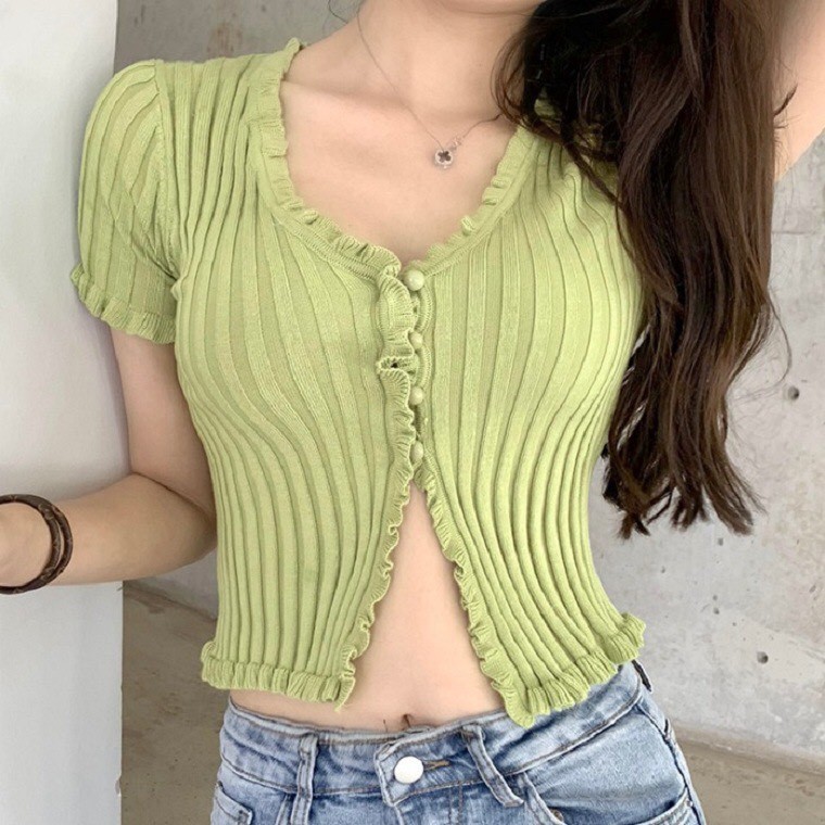 Áo croptop kiểu Maoshop ôm body tay ngắn len tăm phong cách Jennie ulzzang Hàn Quốc - C62