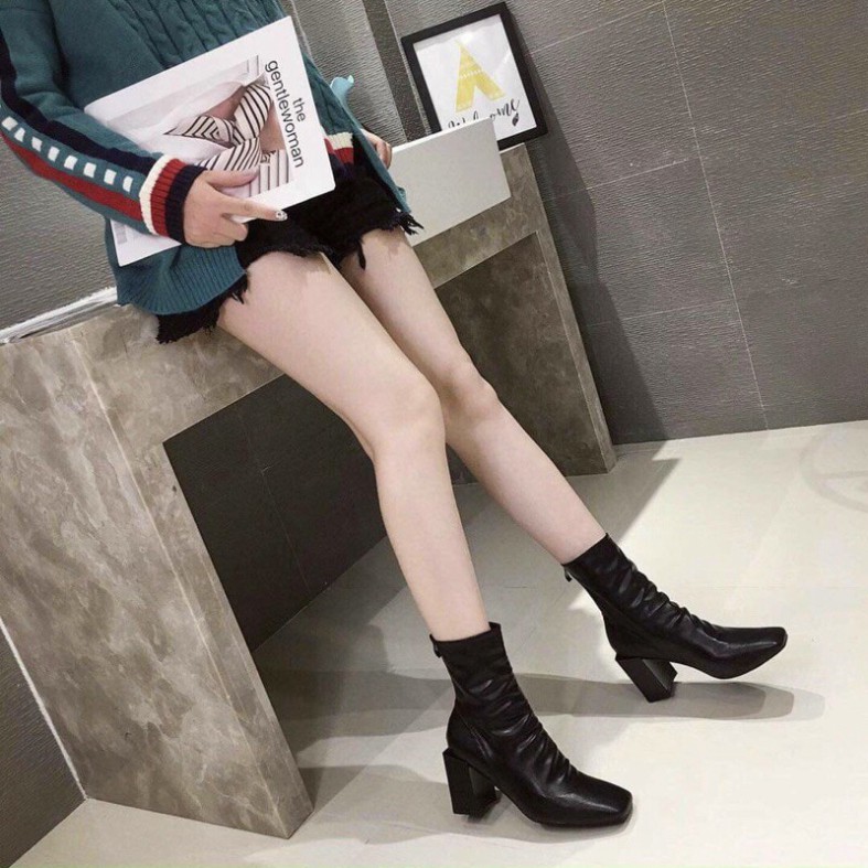 Giày Boots nữ SNU12 khóa kéo cao cổ da PU cổ lửng đế độn đế to bự đơn giản phong cách cá tính đi chơi đẹp