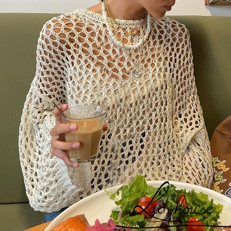 Áo Dệt Kim Tay Dài Cổ Tròn Dáng Rộng Thiết Kế Khoét Lỗ Thời Trang Cho Nữ