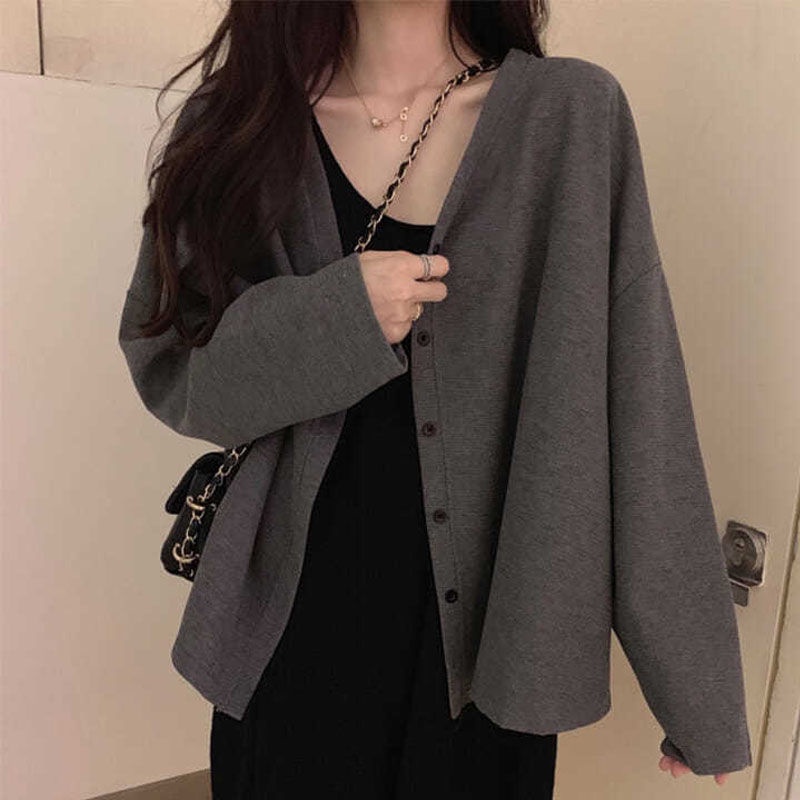 Áo Khoác Cardigan Dệt Kim Tay Dài Dáng Rộng Phong Cách Thời Trang Hong Kong Dành Cho Nữ