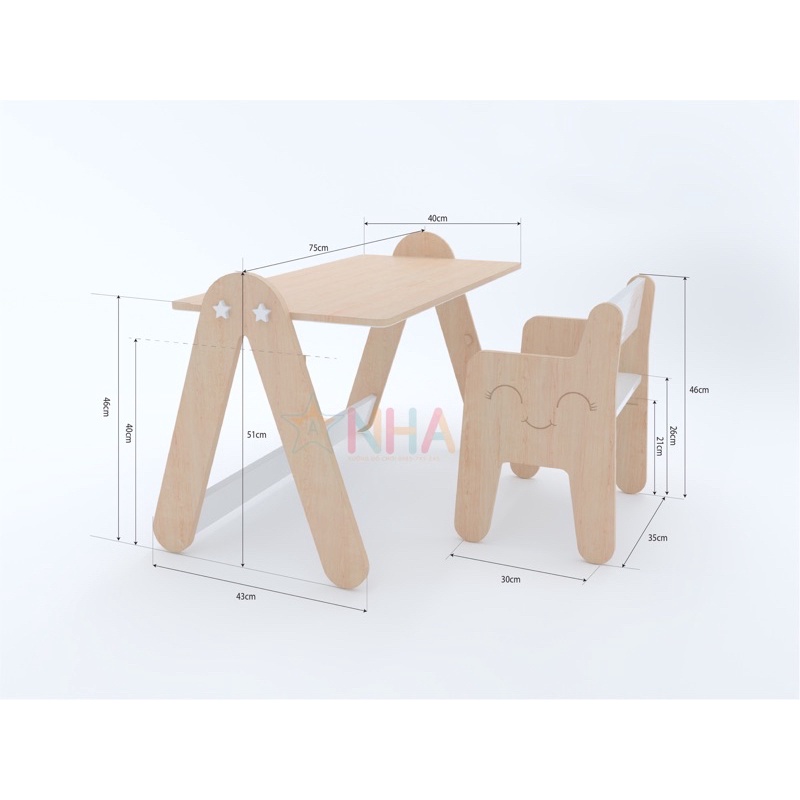 Bàn ghế montessori, bộ bàn ghế gỗ cho trẻ em 2 nấc chiều cao có thể xoay thành bảng từ tính, bảng vẽ cho bé