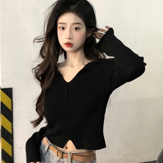 Áo sweater ZHELIHANGFEI dài tay cổ chữ V xinh xắn dành cho nữ