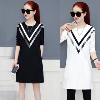 Đầm suông tay dài in họa tiết chữ V thời trang cho nữ