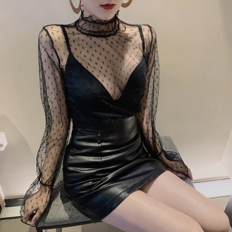 Áo lưới ren mỏng tay dài cổ cao thời trang cho nữ MS58