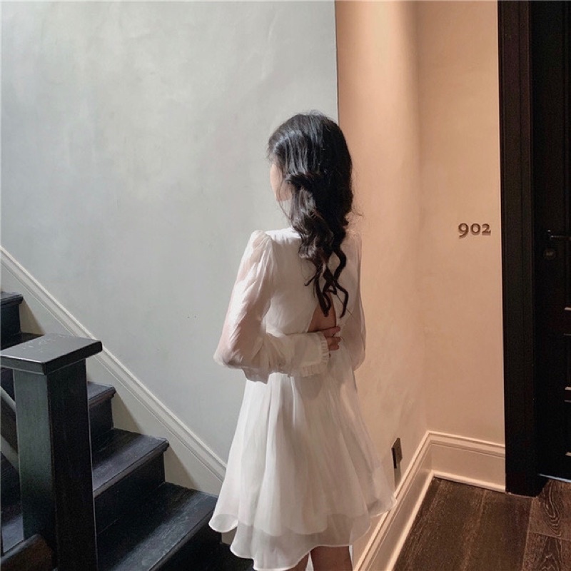 Đầm voan xoè tay phồng