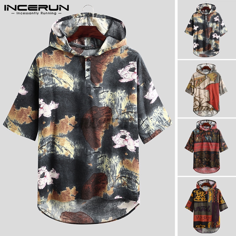 Áo Hoodie INCERUN Tay Ngắn In Họa Tiết Thổ Cẩm Dành Cho Nam | BigBuy360 - bigbuy360.vn