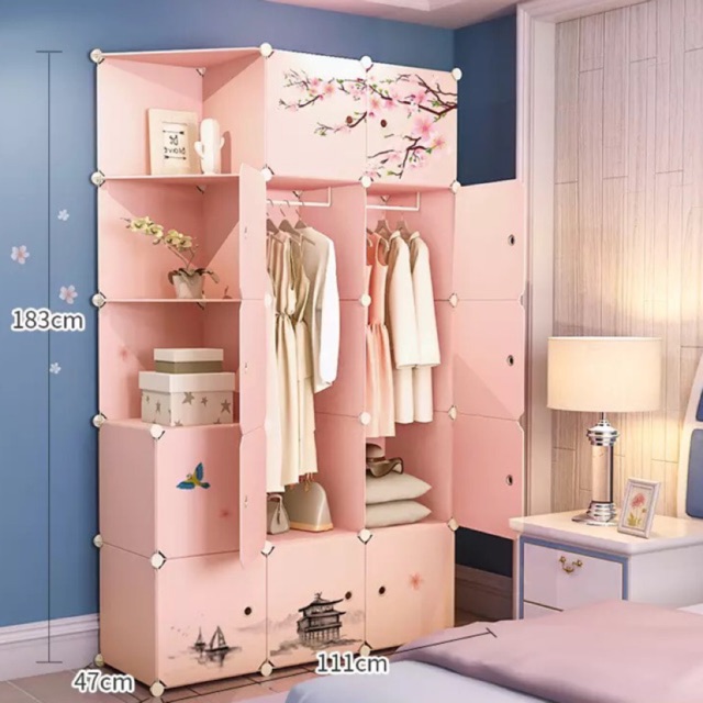 TẶNG 1 MÓC CÀI 20K-Tủ nhựa quần áo lắp ghép 12 ô 3 góc chéo đựng đồ sâu 47cm. Thân hồng cửa hoa đào. Tặng 2 treo đồ.