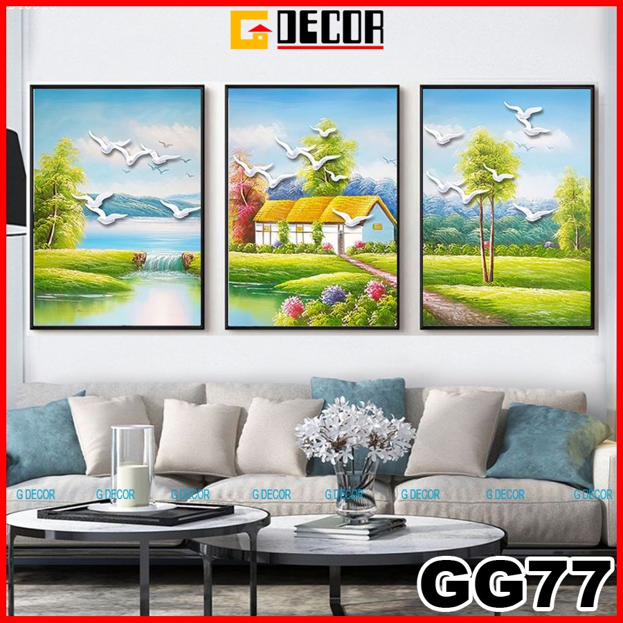 Tranh treo tường canvas khung gỗ 3 bức phong cách hiện đại Bắc Âu tranh phong cảnh trang trí phòng khách phòng ngủ 77