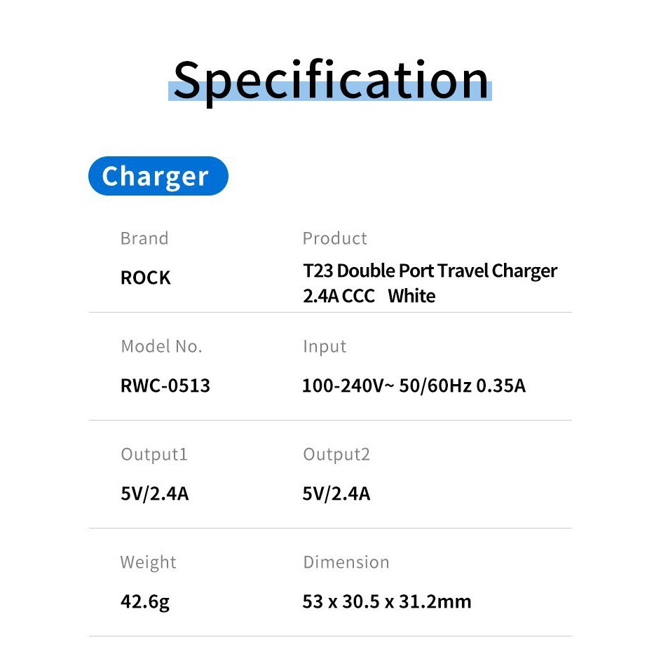 Củ Sạc kèm cáp iPhone Lightning Quick Charga Rock T23 2.4A- Sản phẩm mới