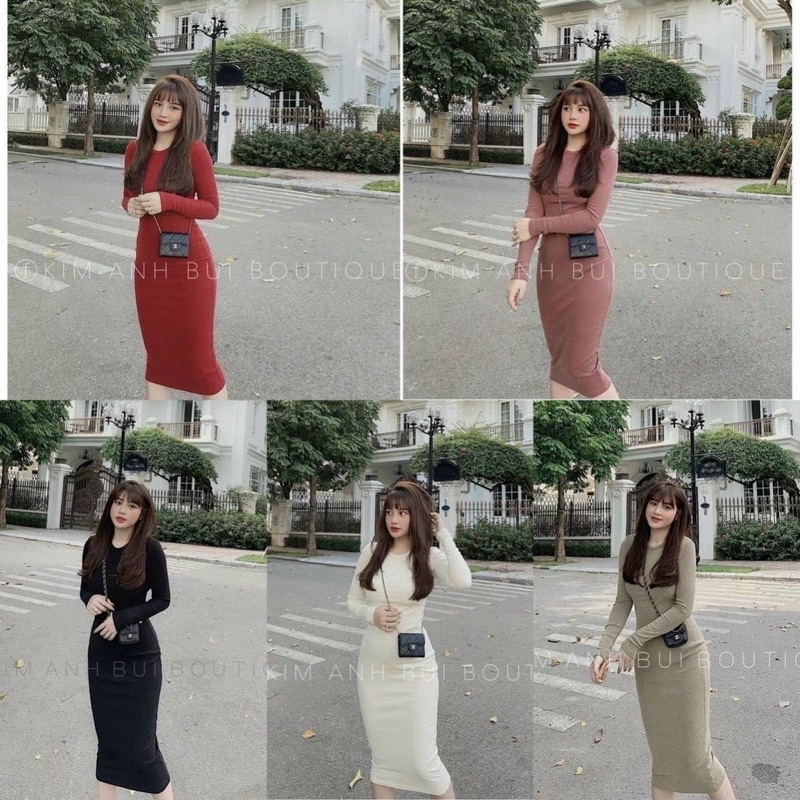 Đầm len body, Váy ôm len tăm cổ tròn dài tay dáng dài nhiều màu freesize thời trang