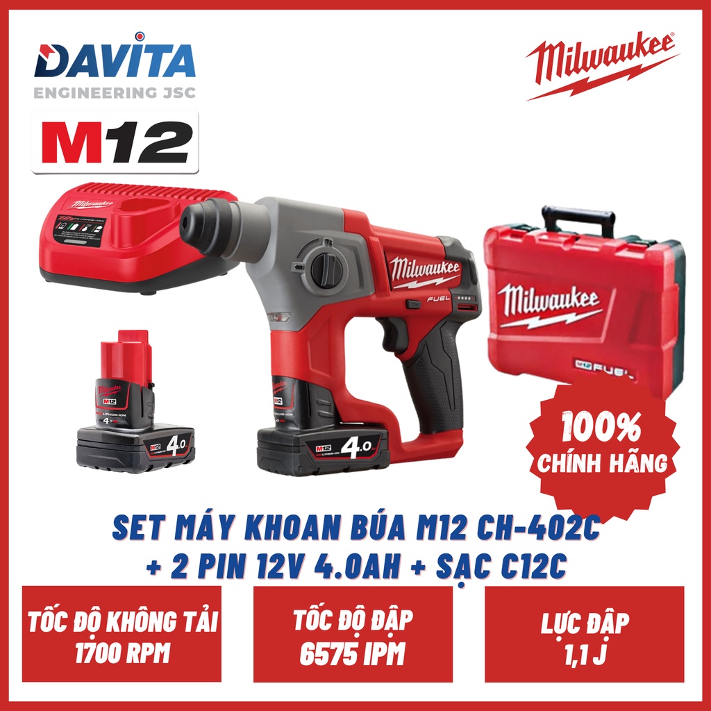 SET Máy khoan búa M12 CH-402C + 2 pin 12V 4.0Ah + Sạc C12C