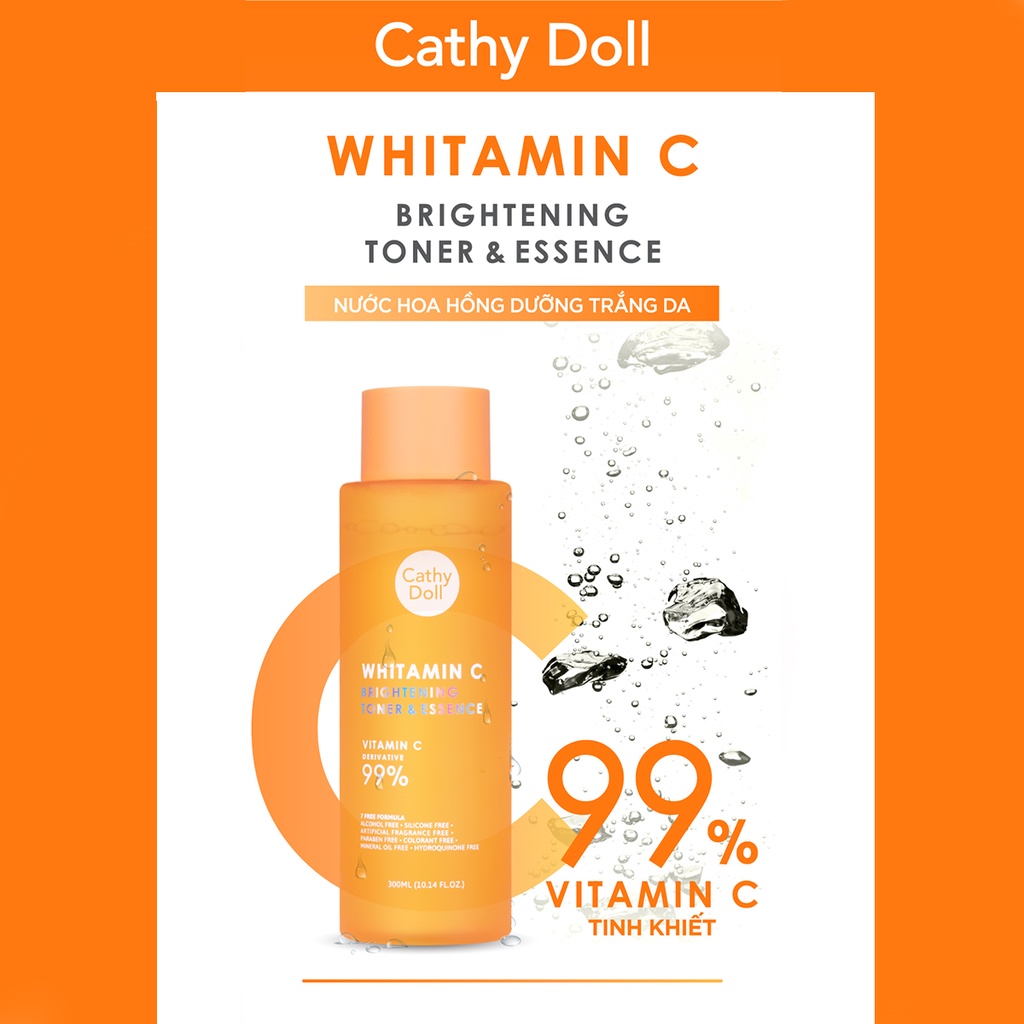 Nước hoa hồng dưỡng trắng da mờ thâm Cathy Doll Whitamin C Brightening Toner And Essence 300ml