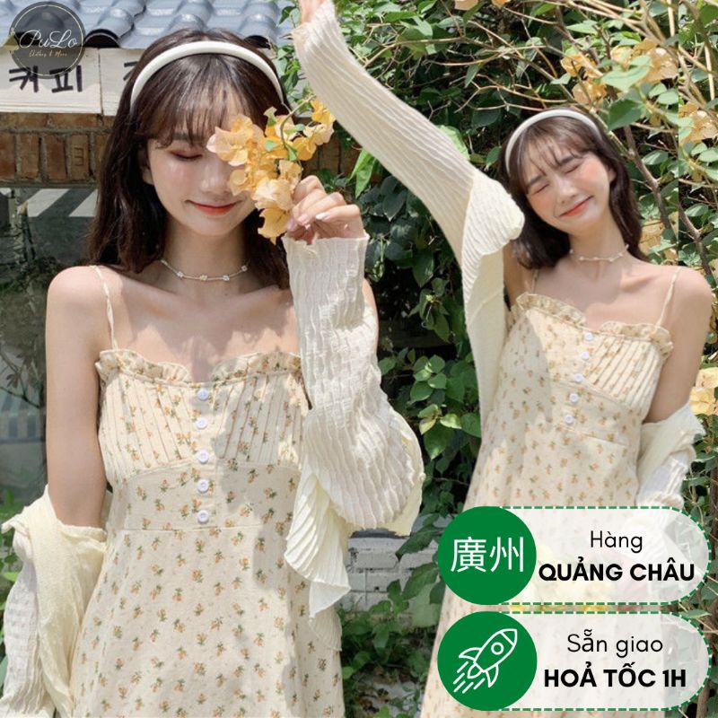 Set đầm 2 dây váy hoa nhí Vintage xếp ly ngực phối bèo + áo khoác cadigan mỏng style Hàn Quốc D501