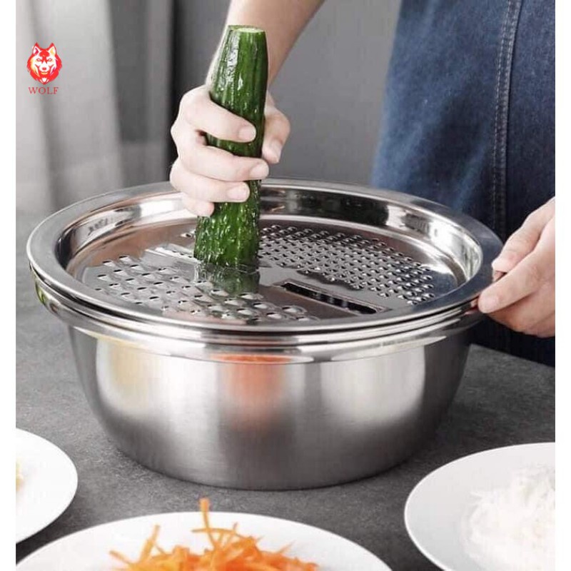 Bộ Rổ Nạo Rau Củ Inox Kèm Chậu Đa Năng 3 Trong 1 Siêu Tiện Dụng