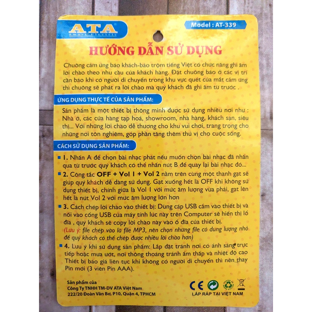 Báo khách báo trộm cảm ứng hồng ngoại tự cài lời chào ATA AT-339