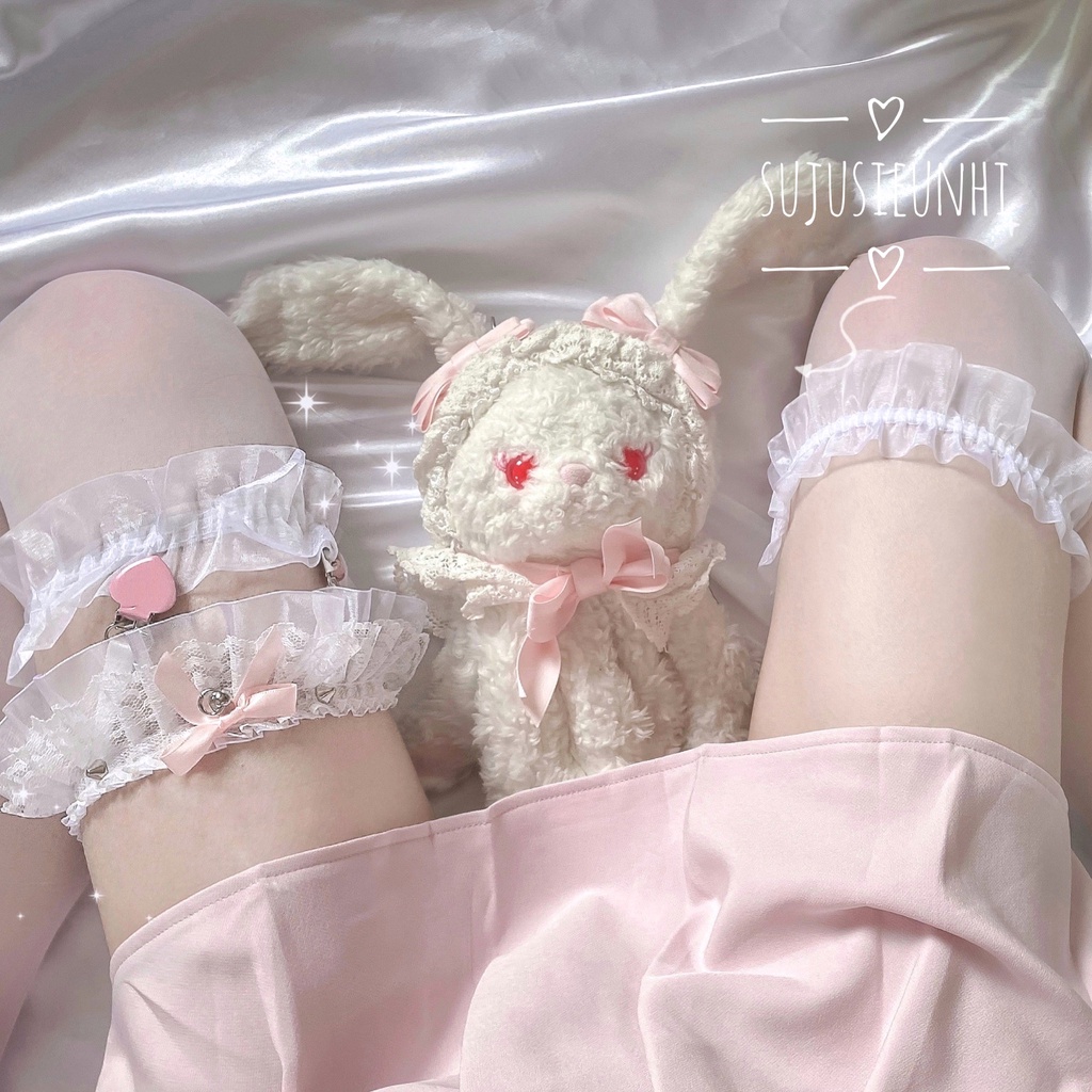 Đai kẹp giữ tất/vớ, garter ren nơ tán đinh bèo nhún đính trái tim lolita