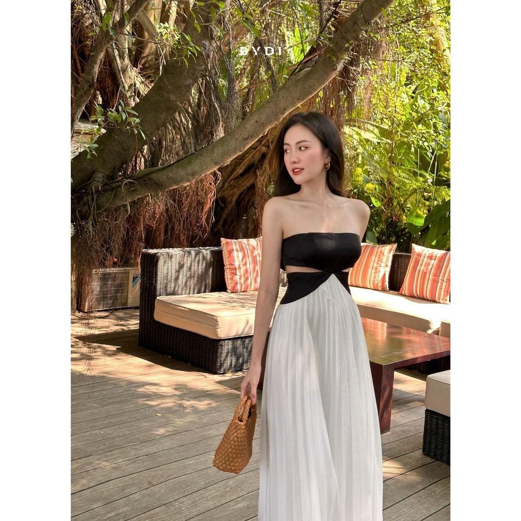 Đầm Cúp Ngực Nữ Khoét Eo Cách Điệu Tôn Dáng BYDI, Váy Nữ Dáng Dài Dập Ly Tà Trắng Bồng Bềnh BYDI Fashion | KRISY DRESS