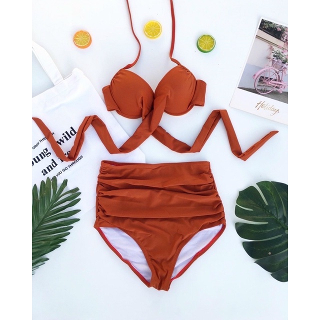 Bikini áo gọng chéo kèm quần lưng cao nhún hai mảnh