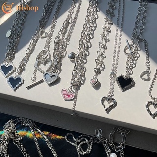 Image of Y2K Fashion Silver Necklace Butterfly Heart Shape Choker Pearl Pendant Women Jewelry Accessories