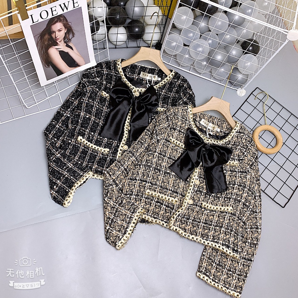Áo dạ kẻ Tweed kèm nơ 2 màu siêu xinh