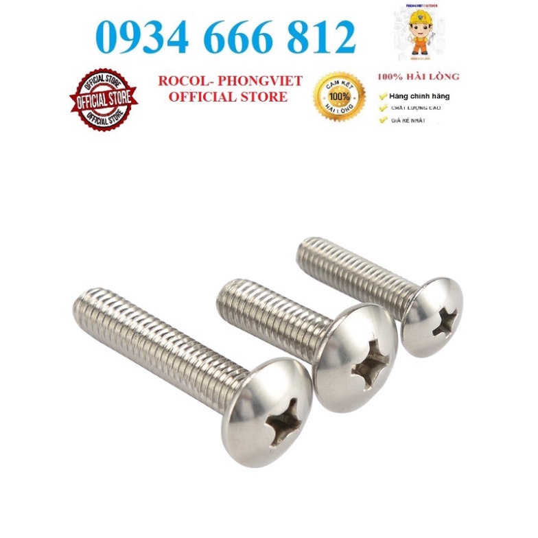 Set 10 cái M6 vít pake đầu dù thân bulong inox 201 M6, M6x10,M6x12,M6x16, M6x20,M6x25, M6x30,M6x35, M6x40