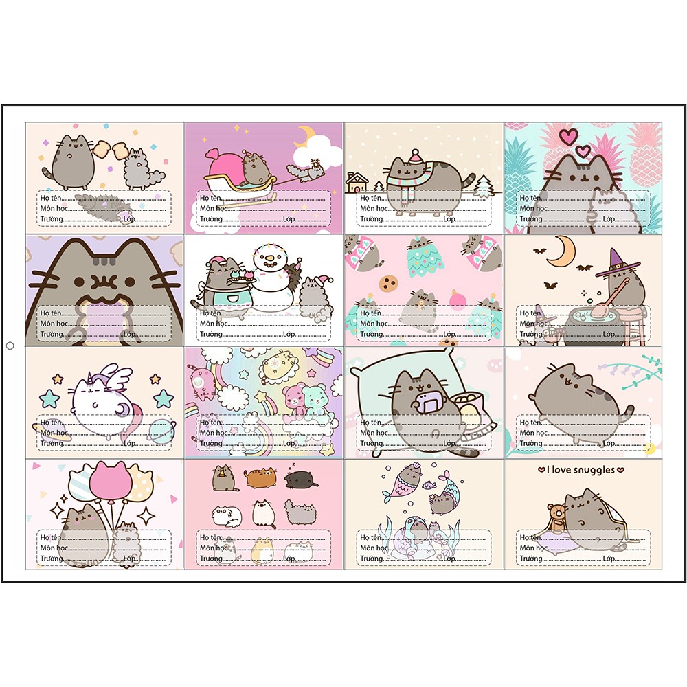 nhãn vở pusheen NV4 hoạt hình set 16 chiếc có keo dán sẵn