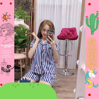 Bộ đồ ngủ pijama nữ sọc dài chất liệu satin lụa đùi tay cọc free size từ 40-60kg - hàng mới về - nh clothings