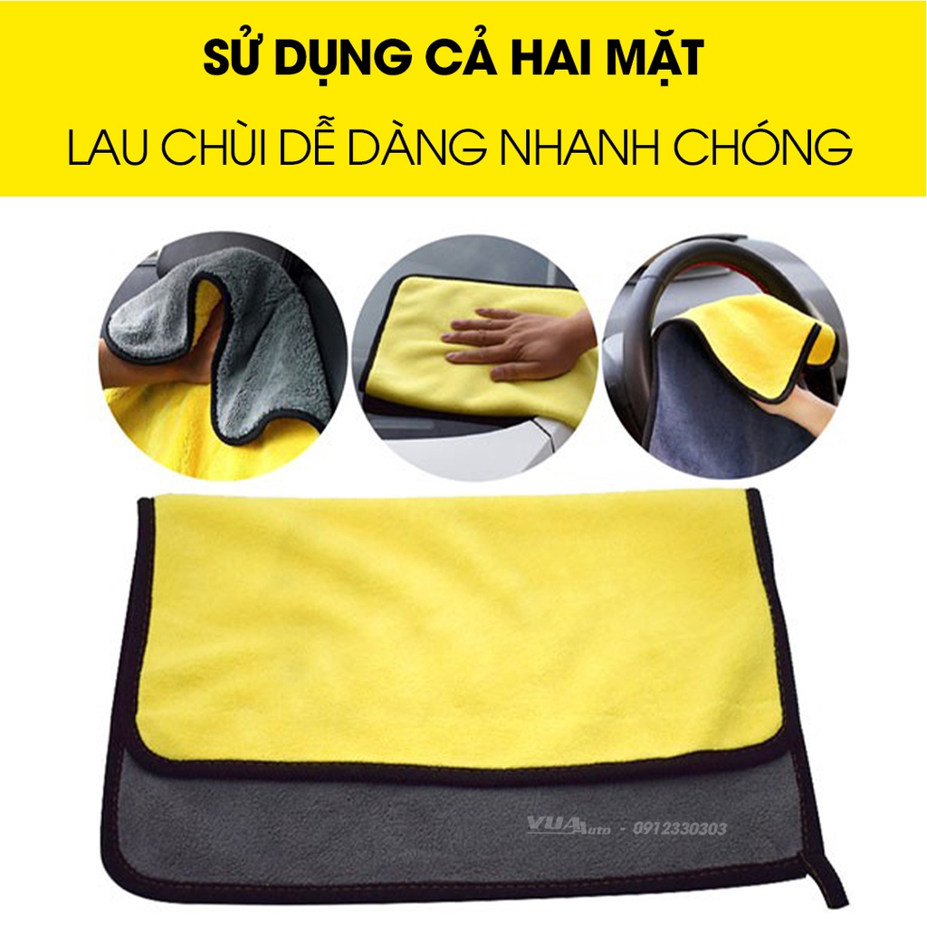 Khăn lau xe ô tô microfiber chuyên dụng lau rửa xe đa năng 2 mặt vàng xám siêu thấm dày dặn không đổ lông VuaAuto