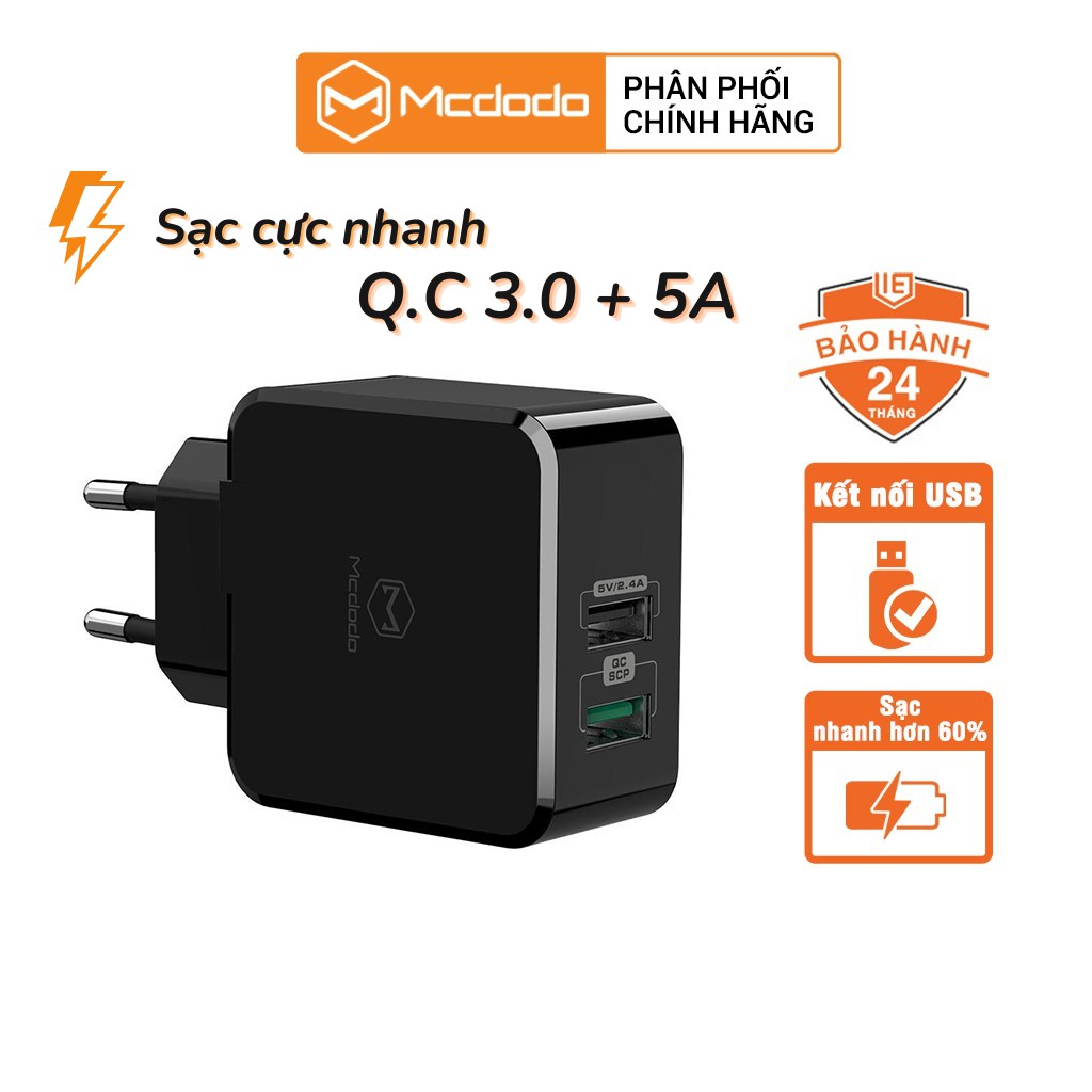 Củ Sạc Nhanh QC3.0 + 5A, 2 Cổng Sạc USB Mcdodo Chính Hãng Bảo Hành 2 Năm