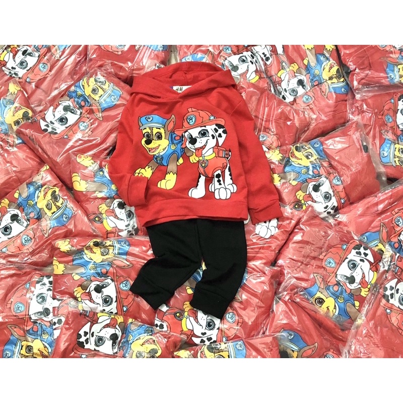 Set bộ nỉ da cá có mũ chó đội trưởng cho bé trai màu đỏ