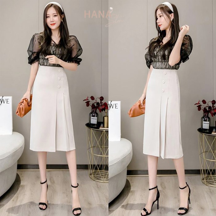 Chân váy xếp ly dáng dài màu đen phối 3 cúc - Chân váy dài qua gối lưng cao xếp ly mặc đi làm công sở đi chơi siêu xinh | BigBuy360 - bigbuy360.vn