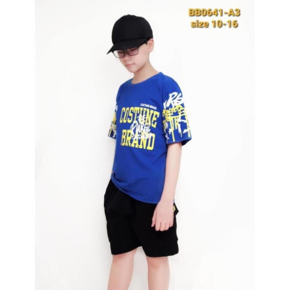 BB0641-A3 - Bộ bé trai cotton , ngắn tay quần túi hộp , in chữ COSTUNE , màu xanh coban , size to 10t-16t
