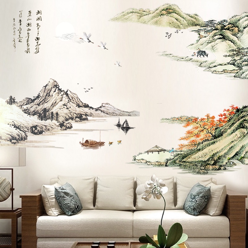 Tranh kép dán tường Sơn Thủy hữu tình, Decal phong cảnh trang trí KT 190x140cm