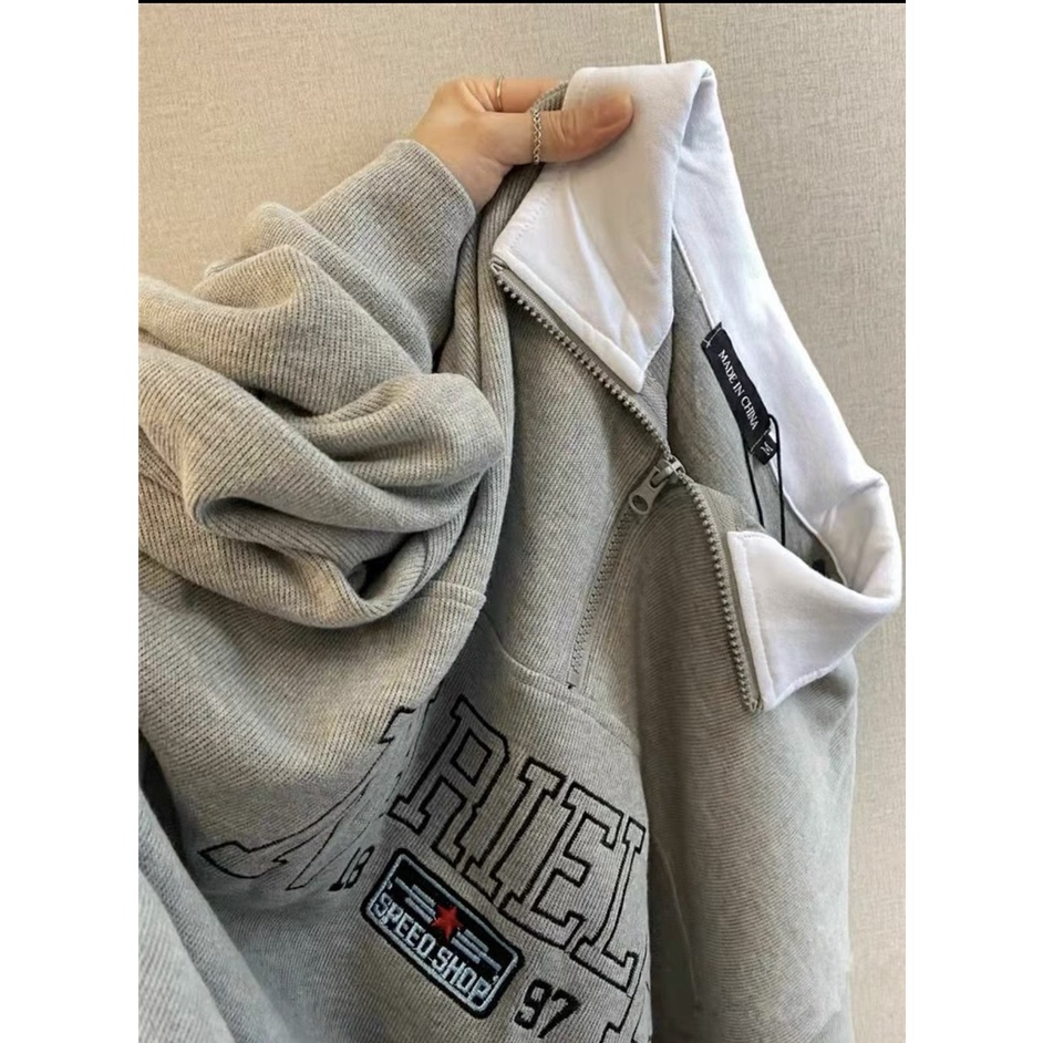 Áo polo cổ zip thêu nariele 1897 unisex [FREESHIP] Sweater nỉ bông form rộng tay phồng kiểu thể thao hàn quốc peonyb