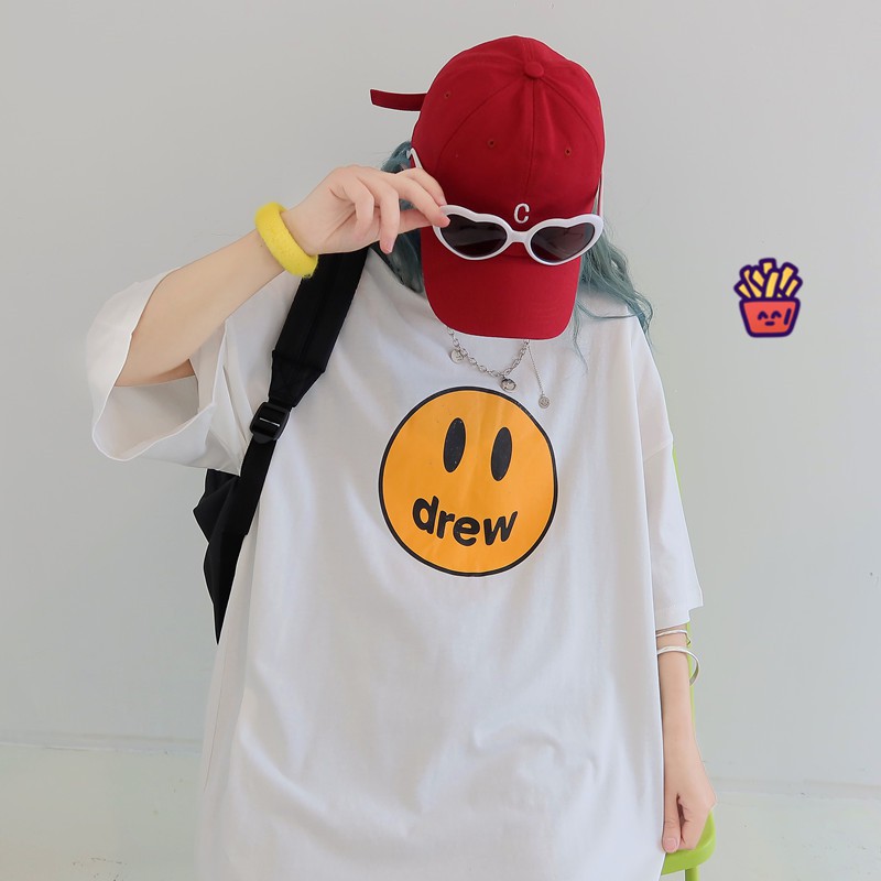 Áo thun Dreww house in hình mặt cười tay cộc tay lỡ trắng đen Siêu Hót