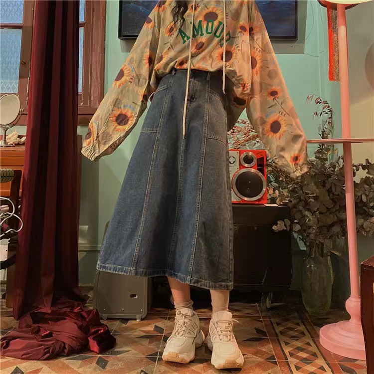 Chân váy denim cạp cao, dáng dài chữ A xoè phong cách retro cổ điển [ORDER]